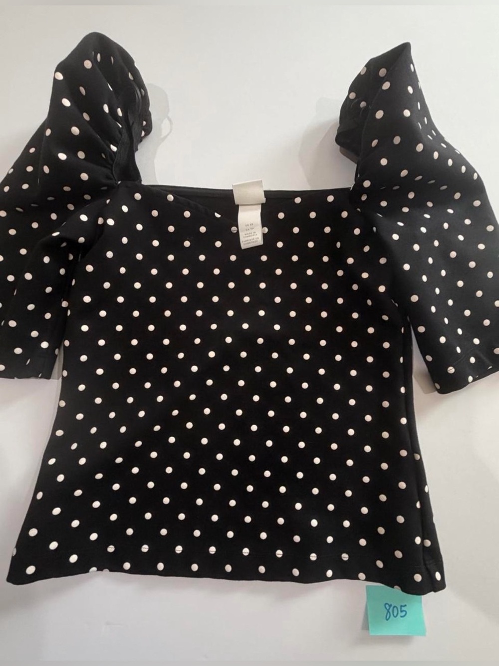 H & M Black Polka Dot Puff Sleeve Top - White Dot Pattern